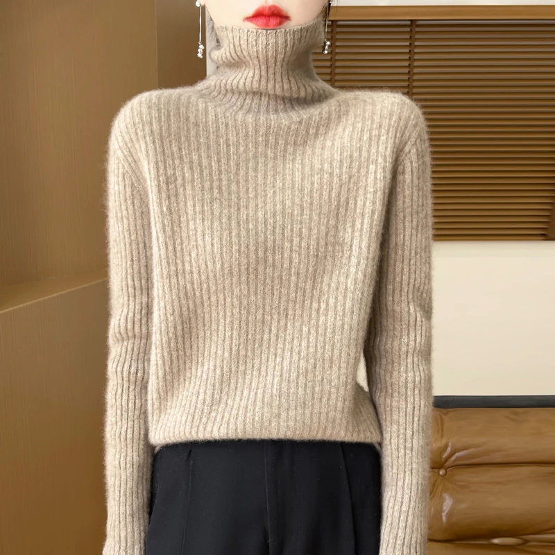 秋冬新款100%纯羊毛衫女高领套头宽松加厚毛衣堆堆领长袖针织打底