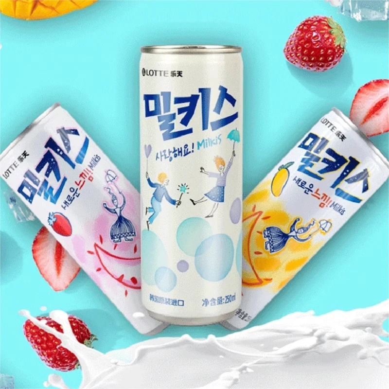 5罐装韩国原装进口乐天妙之吻苏打牛奶芒果草莓碳酸饮料250ml整箱