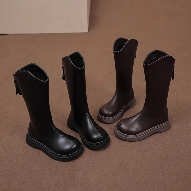 皮革女童鞋公主长筒靴2024秋冬新款长靴儿童小女孩高筒单靴马丁靴