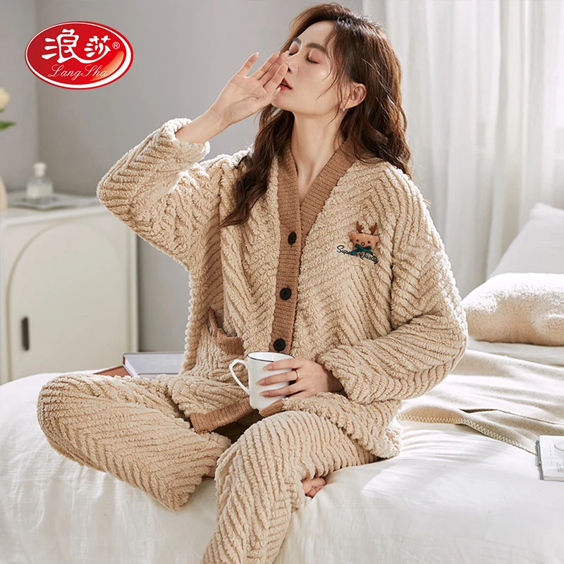 浪莎冬季加绒保暖提花绒女士轻奢和服法兰绒V领可外穿家居服套装