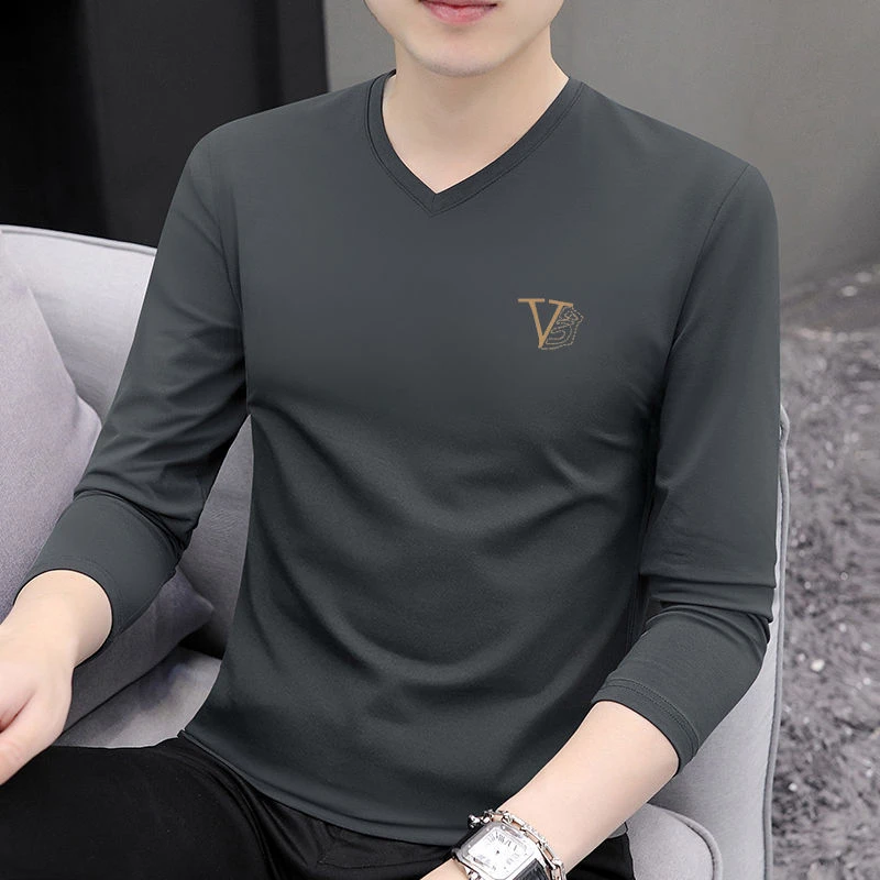 春秋季男士长袖V领T恤男丅舒适印花薄款打底衫百搭潮流上衣服外穿