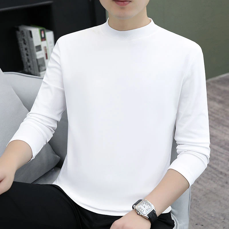 早秋小半高领纯色长袖t恤男士秋冬白色打底衫中领秋衣男上衣衣服