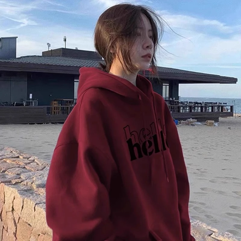 酒红色美式字母印花2024秋冬款设计感oversize复古高级感宽松卫衣