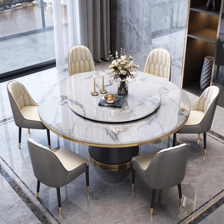 意式轻奢家用餐厅大理石岩板圆形带转盘圆桌高端餐桌椅子吃饭桌子