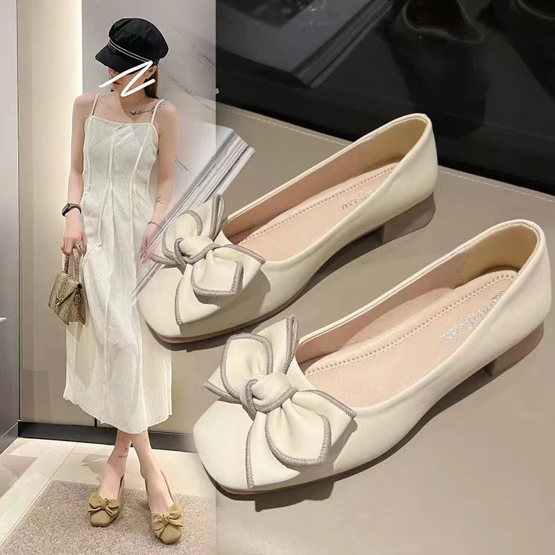 【牛筋软底】豆豆鞋女2025新款百搭一脚蹬浅口瓢鞋蝴蝶结平底单鞋A