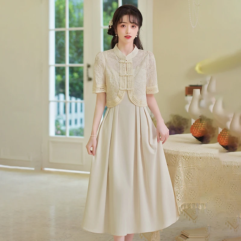 国风新中式改良套装女盘扣薄款短袖衬衫吊带裙开衫两件套复古