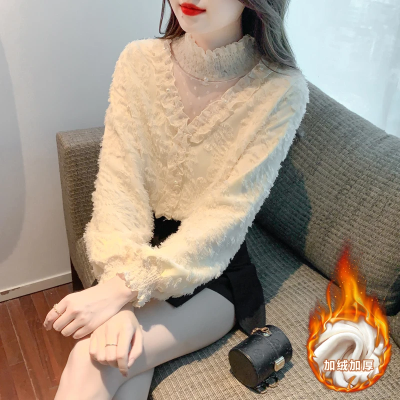7231加绒加厚高领蕾丝打底衫女秋冬减龄洋气小衫镂空高级感上衣