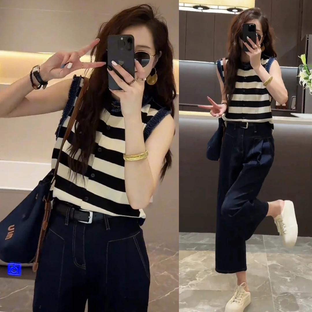 套装夏季小众洋气针织拼牛仔无袖上衣+直筒气质休闲阔腿牛仔裤