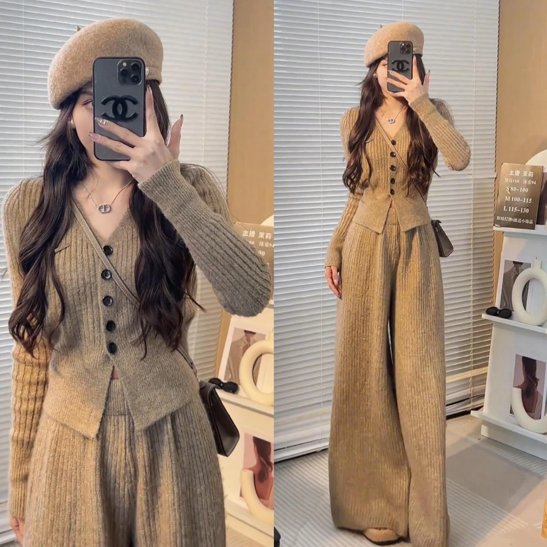 显瘦气质高腰休闲裤子时尚收腰套装毛衣针织上衣两件长袖春秋洋气