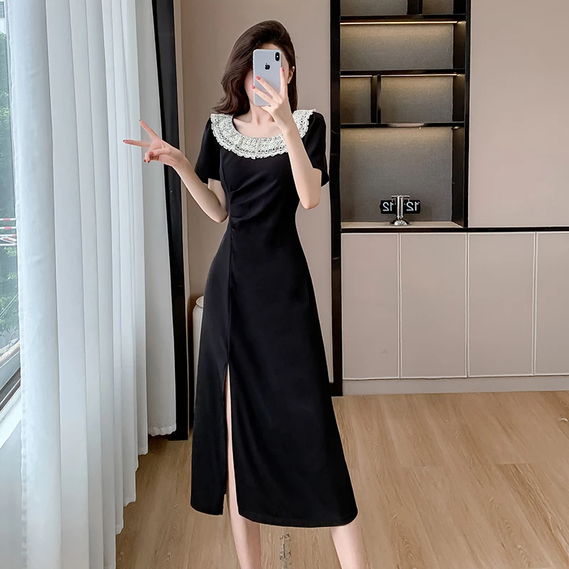 8668夏季新款法式蕾丝边大圆领褶皱设计收腰显瘦长短款连衣裙