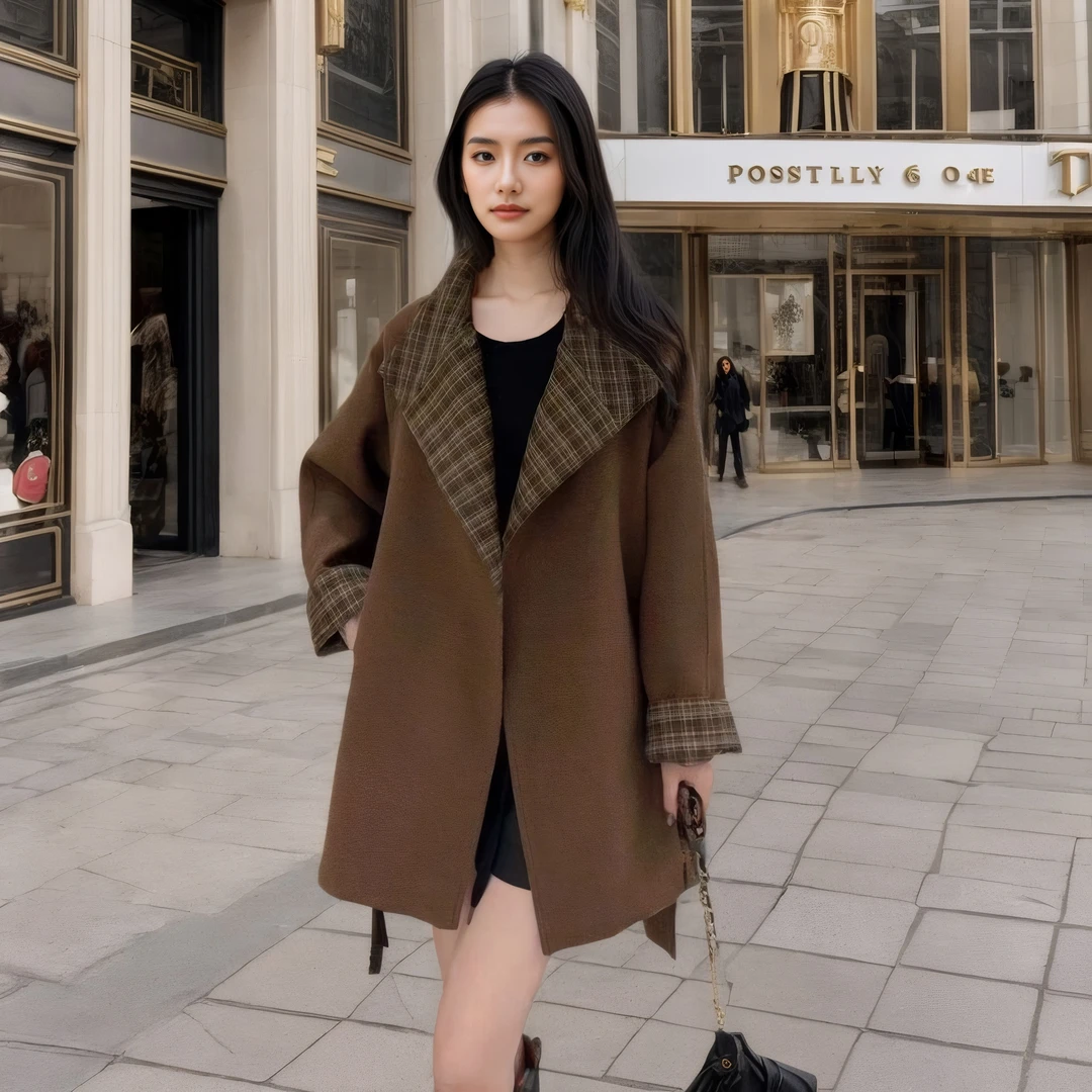 6696复古港风撞色格纹立领毛呢外套女冬季韩版系带收腰气质大衣潮