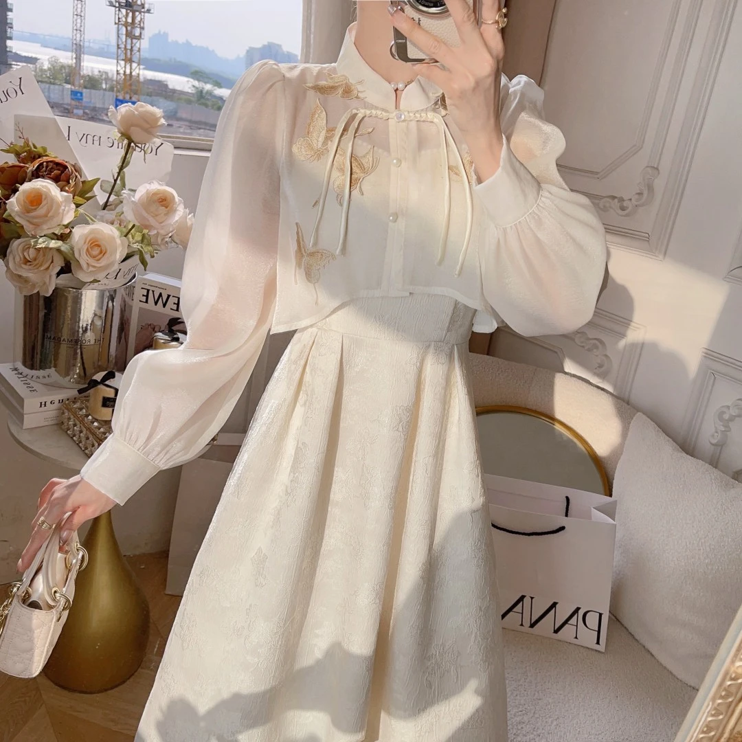 新中式连衣裙复古国风裙子套装女春秋仙女裙温柔吊带连衣裙洋气