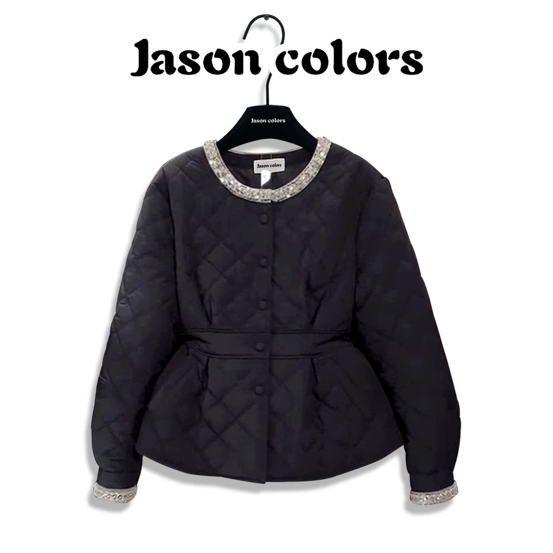 【Jason colors】2024秋冬复古拼接亮片领棉服气质收腰显瘦百搭外套