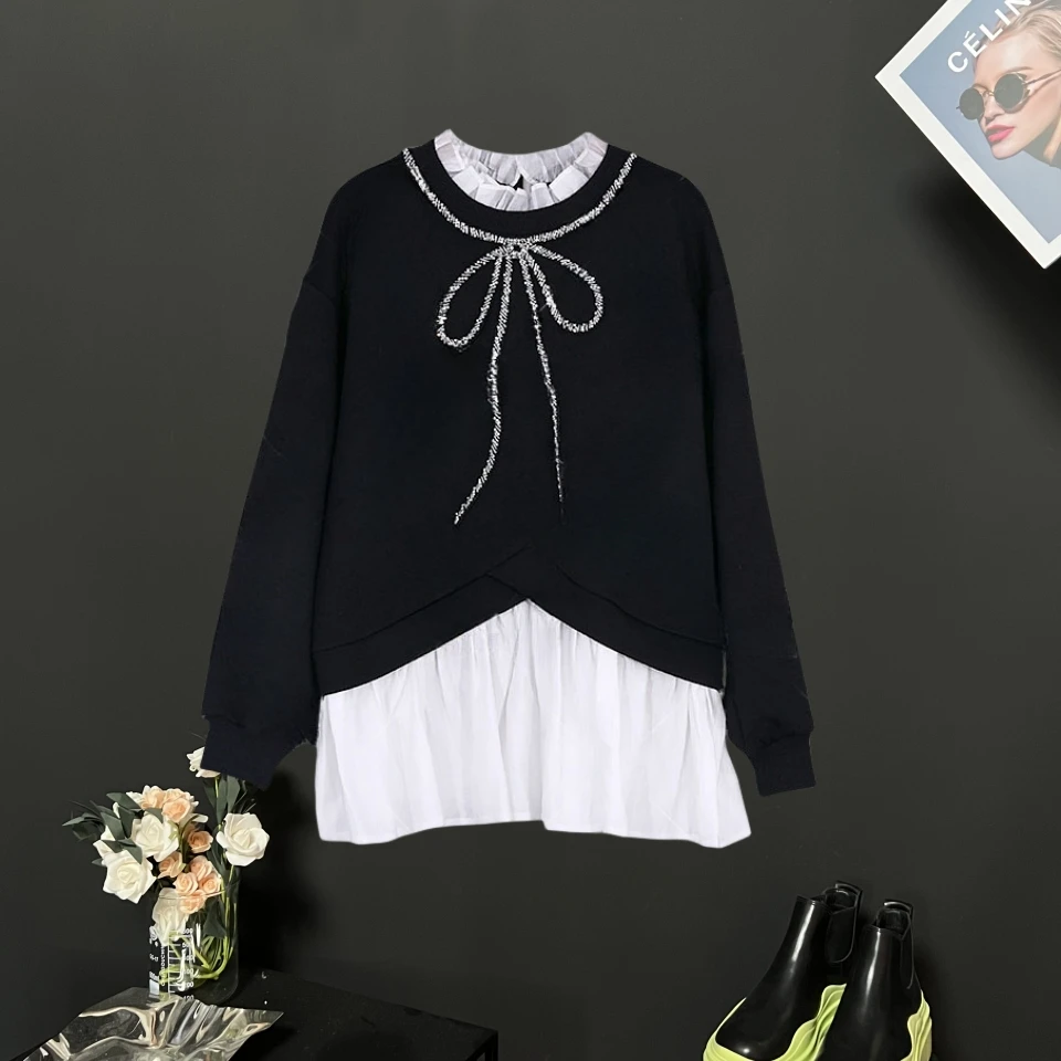 【Jason colors】设计感蝴蝶结烫钻时尚休闲百搭宽松加绒假两件卫衣