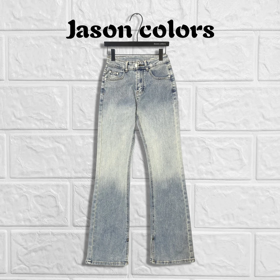 【Jason colors】新款秋牛仔裤女显瘦复古开叉直筒高腰裤微喇裤水洗