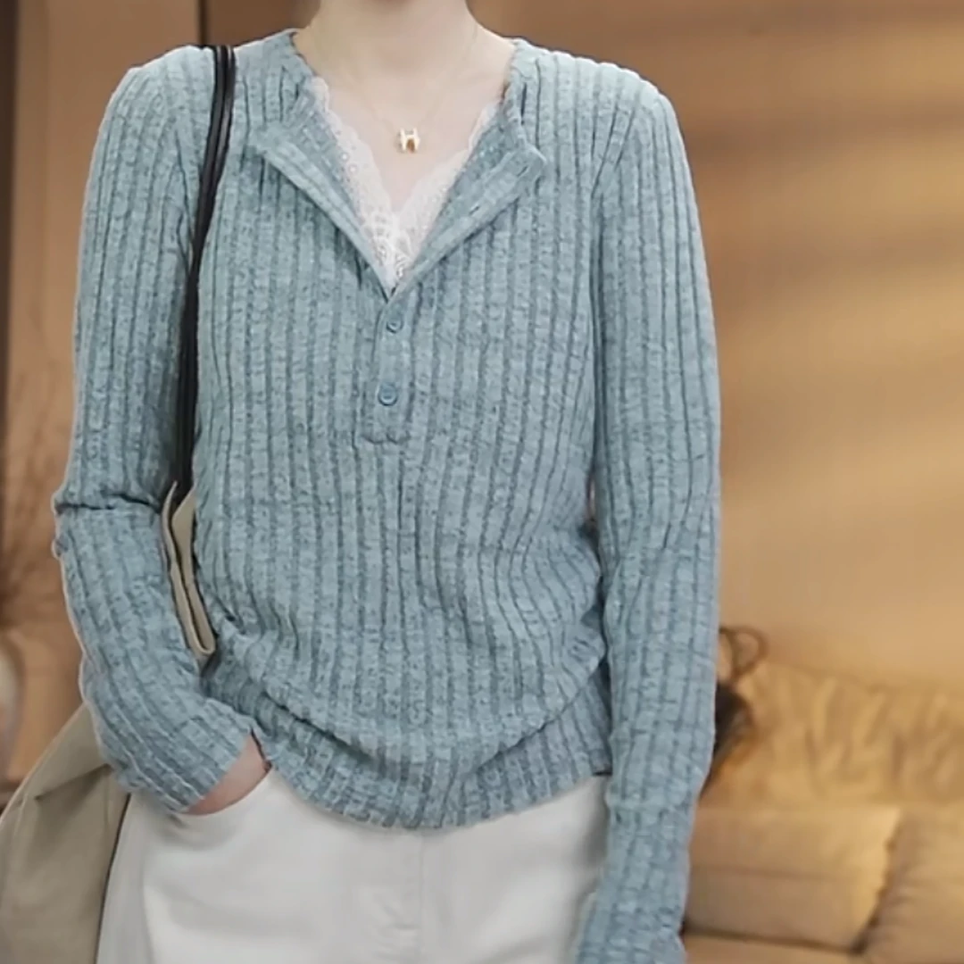 【Jason colors】温柔气质蕾丝拼接V领显瘦修身针织衫上衣女