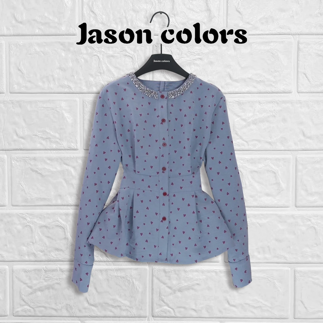 【Jason colors】法式圆领镶钻爱心印花收腰衬衫女秋季时尚上衣长袖