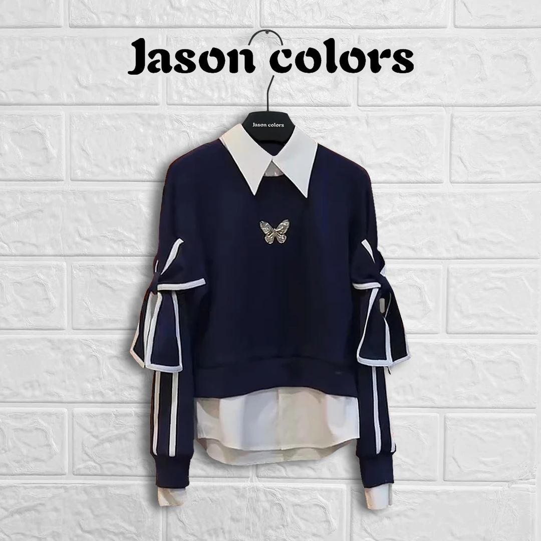 【Jason colors】假两件蝴蝶设计感卫衣女早秋季新款宽松长袖上衣