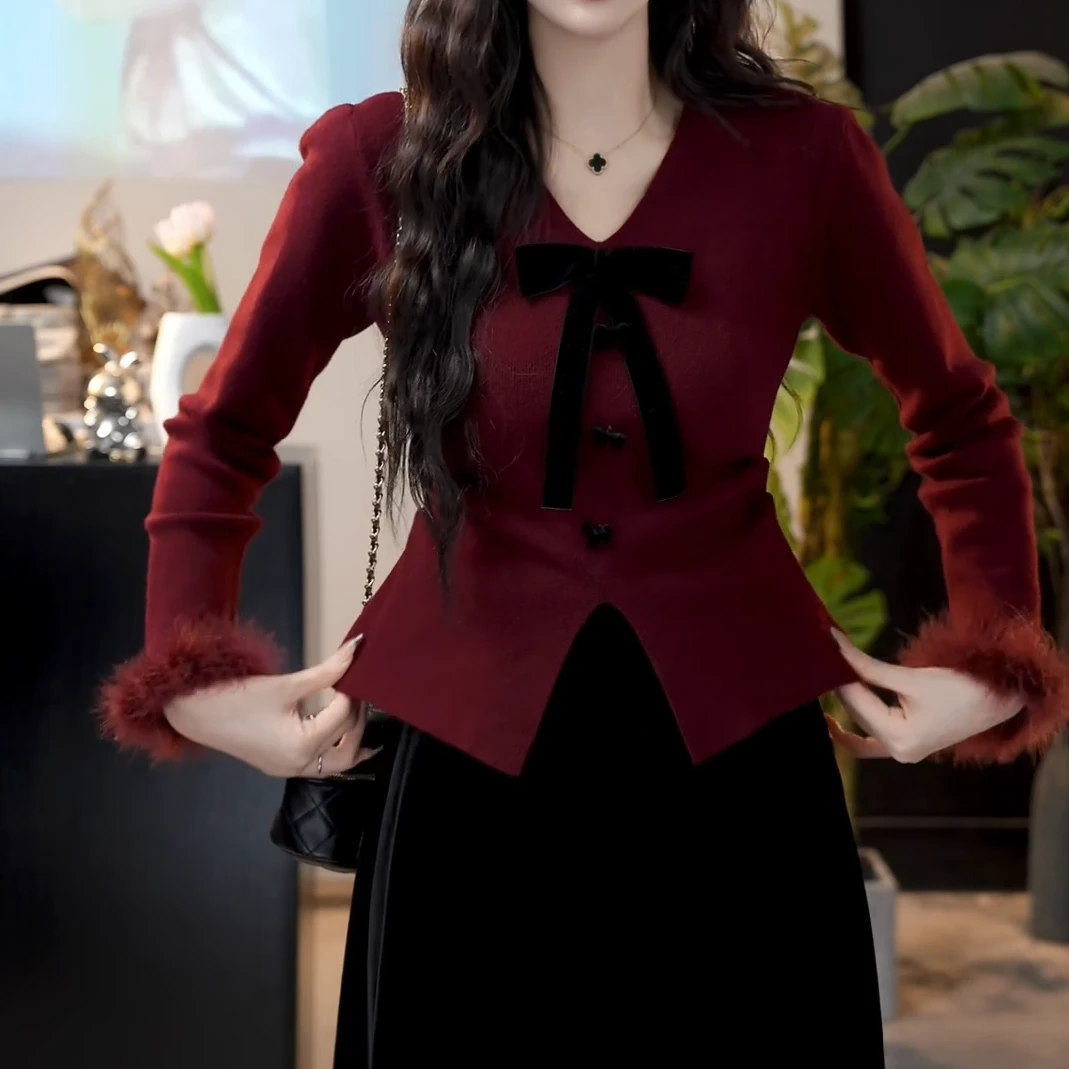 【Jason colors】秋冬新款法式温柔风甜美名媛蝴蝶结V领针织衫上衣