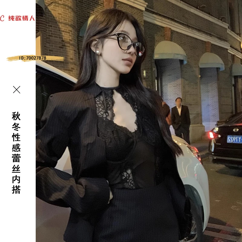 名媛蕾丝吊带背心女夏季纯欲辣妹性感抹胸挂脖上衣打底衫内搭绝美