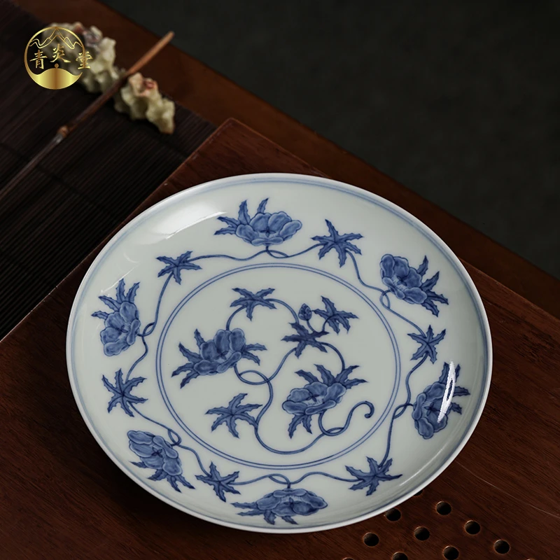 QINGYANTAN/青炎堂手工壶承茶盘手绘秋葵纹赏盘陶瓷壶托泡台壶垫