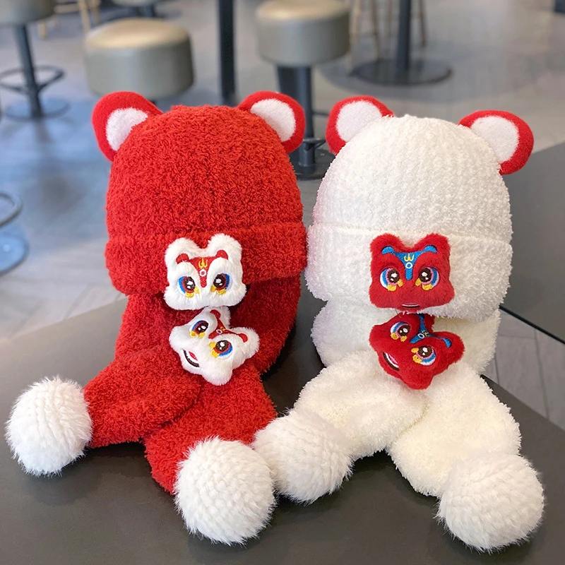 中国风宝宝帽子围巾套装秋冬红色喜庆新年醒狮保暖儿童婴儿毛线帽