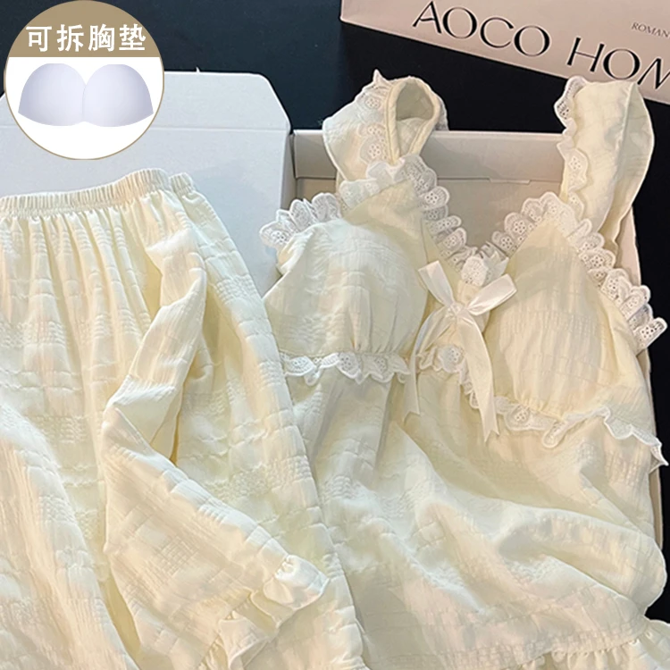 公主蕾丝清新吊带睡衣女带胸垫2024年新款短裤薄款宽松家居服套装