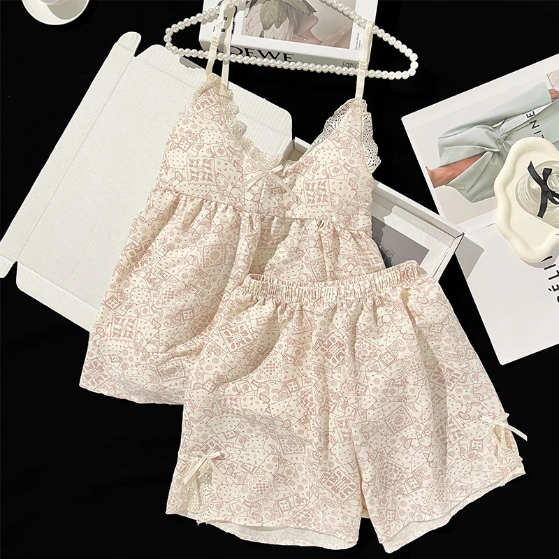 几何蕾丝带胸垫吊带睡衣两件套装女爆款2024夏天新款可外出家居服