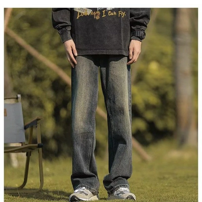 美式牛仔裤男款秋冬季水洗复古高街直筒裤百搭休闲阔腿宽松长裤子