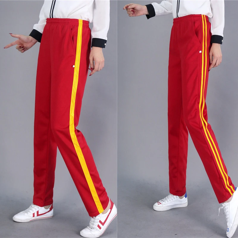 大红色两道杠校服裤子双黄条小学生初高中生宽松运动裤春夏季这款