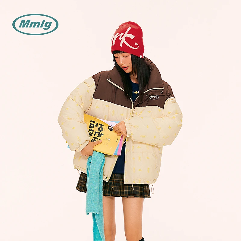 Mmlg2025年冬立领三防保暖白鸭绒羽绒服撞色印花潮流情侣款EQY007