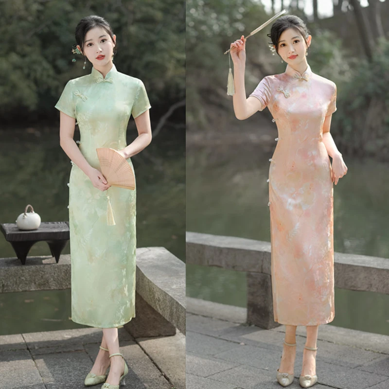 典雅感时尚年轻少女款改良新中式旗袍2024春新款长款单层短袖旗袍