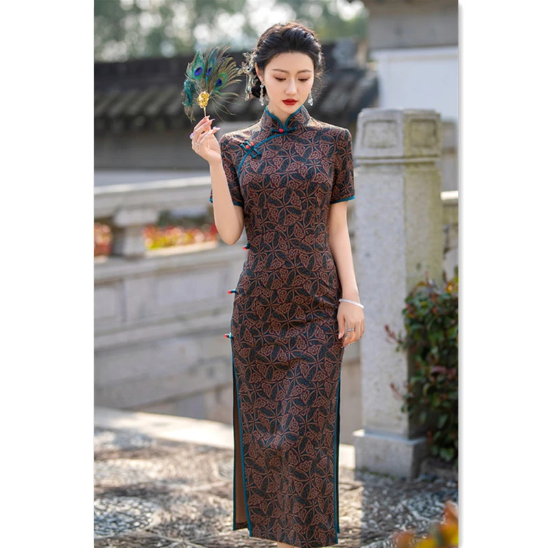 老上海复古中国风绫罗缎提花长款旗袍2024夏新款改良中式妈妈旗袍