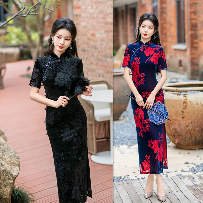 复古国风长款丝绒双层旗袍2024冬季新款修身显瘦日常可穿中式旗袍