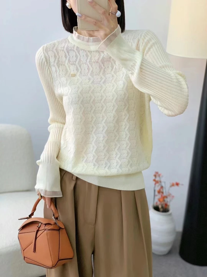 新款半高领蕾丝针织衫7593