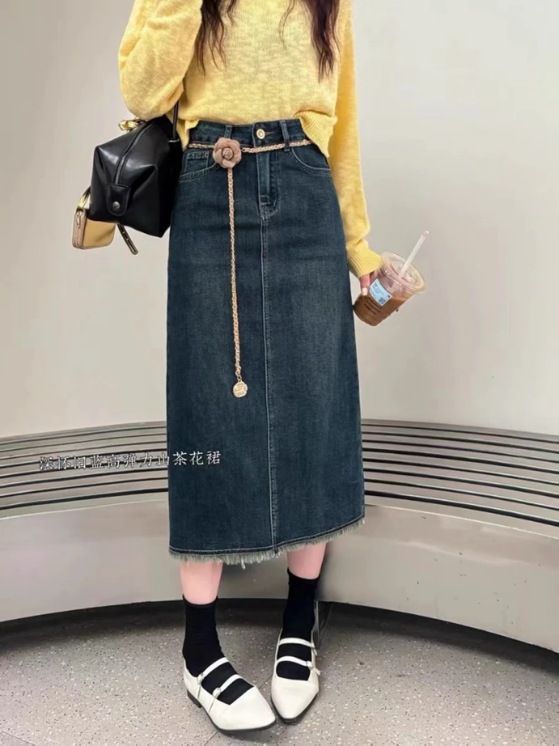 新款深蓝怀旧山茶花高腰显瘦牛仔半身裙3598