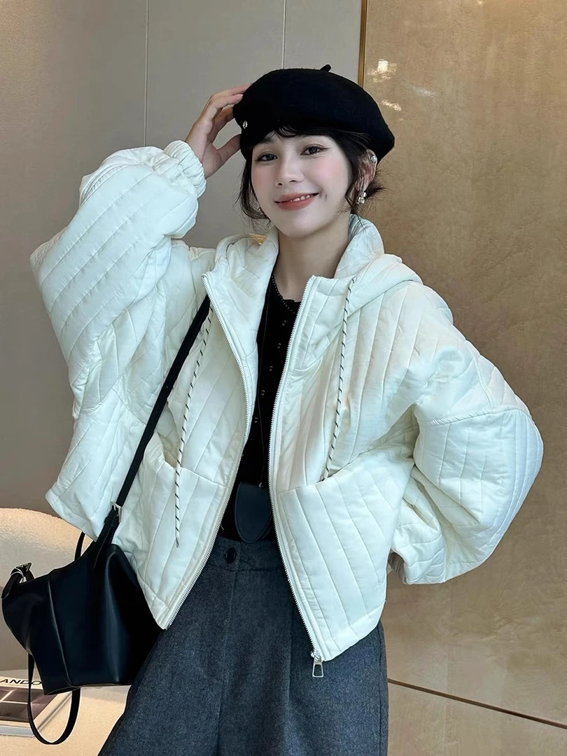 抽绳系带连帽棉衣外套女欧洲站2024秋装新款欧货女装小个子棉服潮