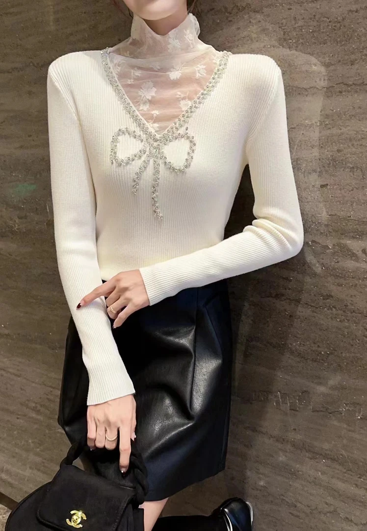 LY大V领秋冬重工镶钻网纱感遮肉显瘦打底衫毛衣针织衫