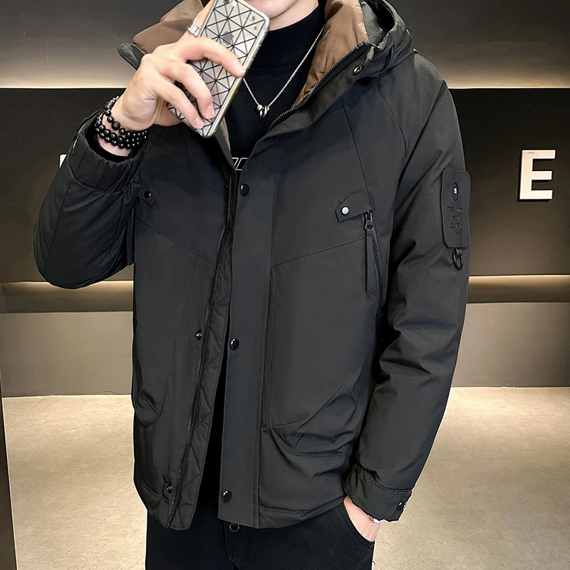 IMPISH LEE冬季潮牌羽绒服男短款纯色工装运动白鸭绒加厚保暖上衣