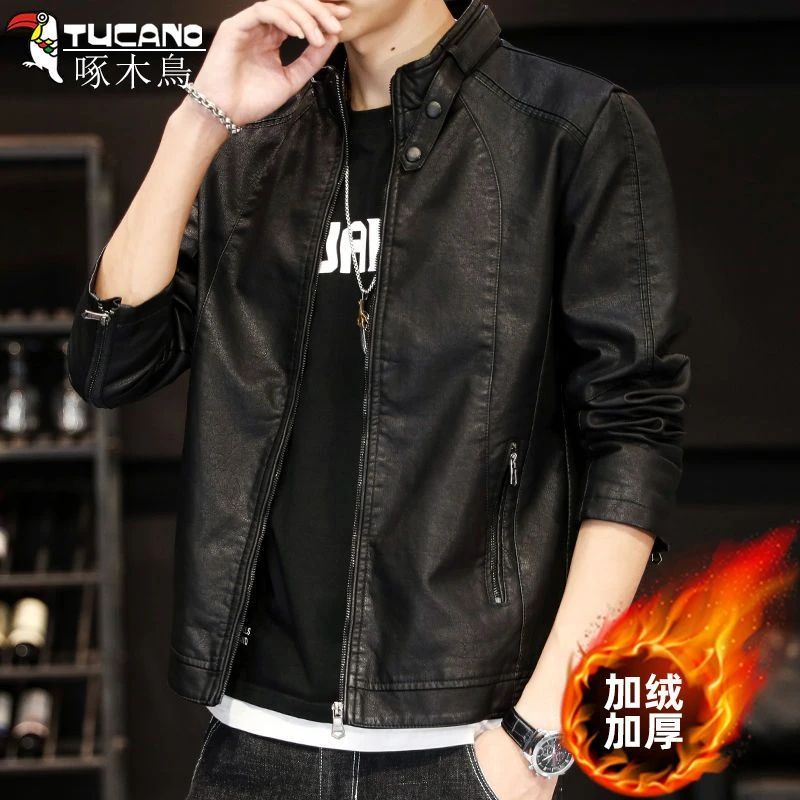 啄木鸟皮衣男2023年新款秋冬帅气机车立领潮牌皮夹克加绒男士外套