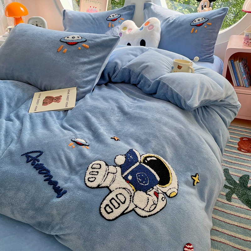 太空宇航员加厚牛奶绒四件套冬季毛巾绣卡通被套儿童床单人三件套