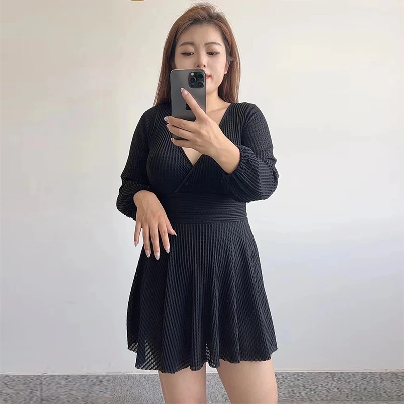 华夫格【黑天鹅】大码连体泳衣平角裙式钢托度假款泳衣遮肉显瘦女