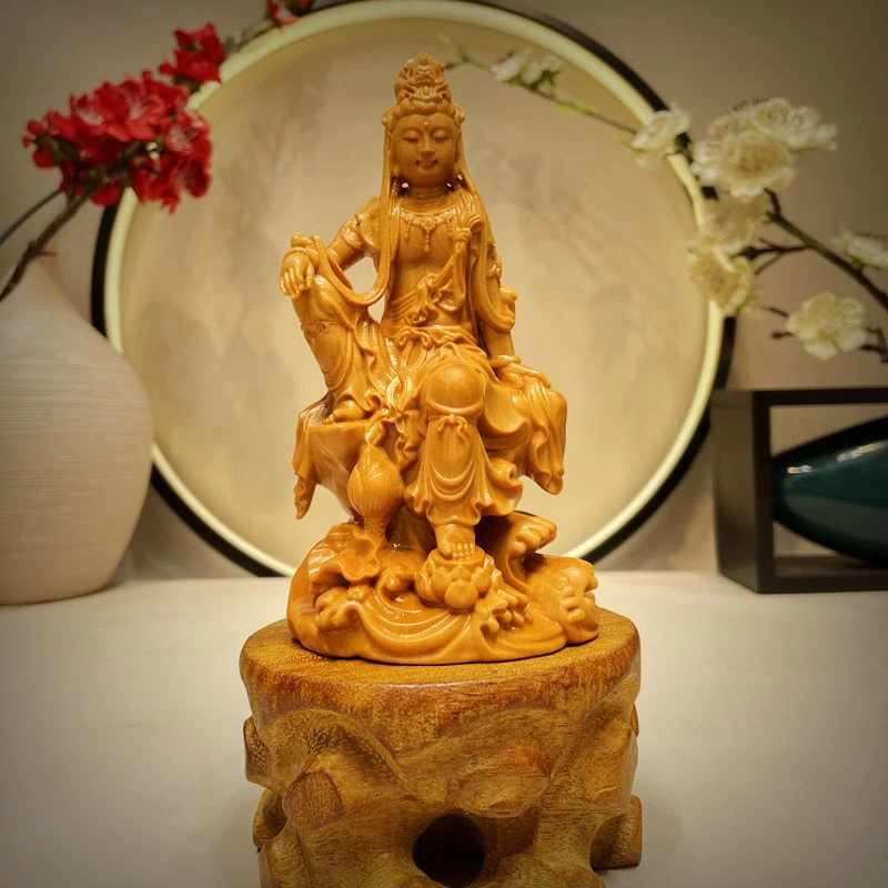 黄杨木根雕自在观音实木根雕工艺品家居装饰品创意文玩