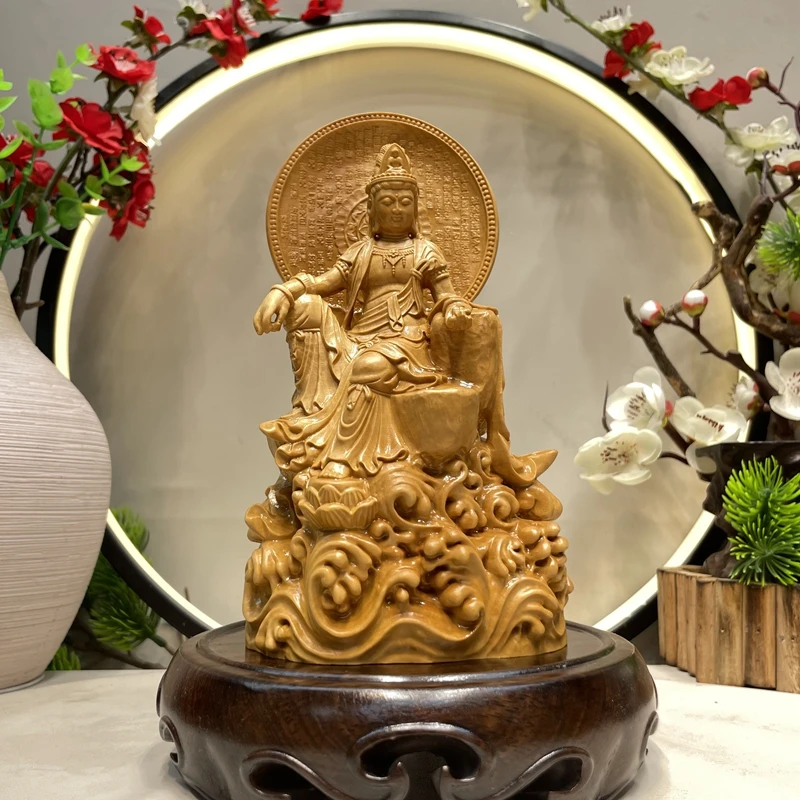 小叶黄杨木背光自在观音佛像摆件家用水月观音
