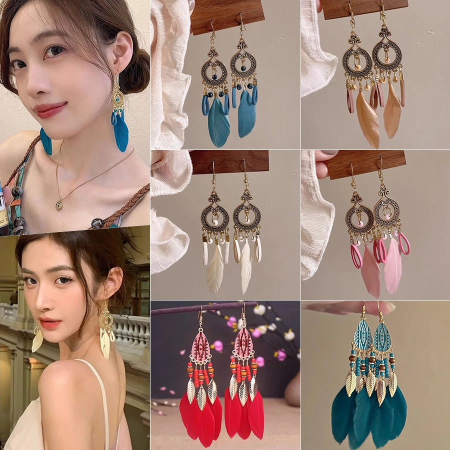 合金耳饰 超仙波西米亚羽毛长流苏耳环女民族风旅游度假风耳饰