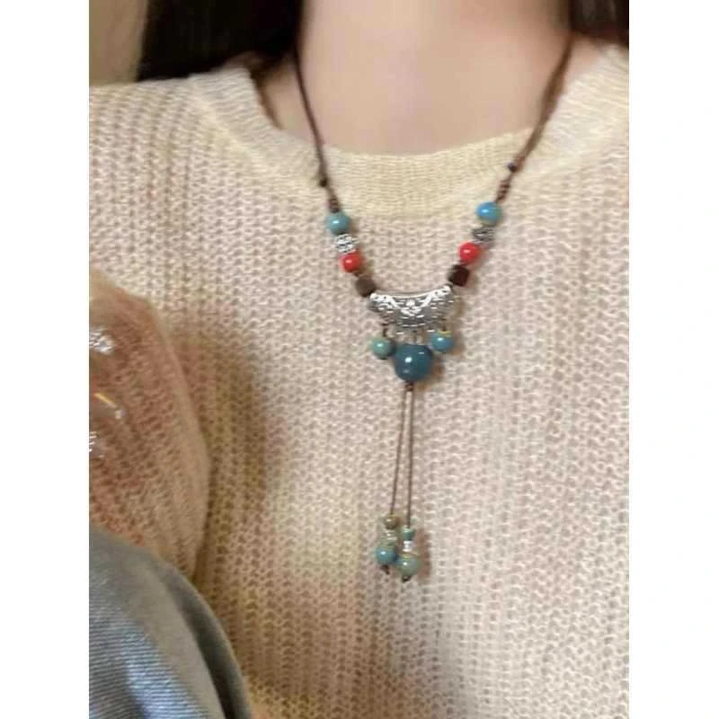 民族风古风陶瓷项链新中式复古中国风长款项链女毛衣款百搭女新款