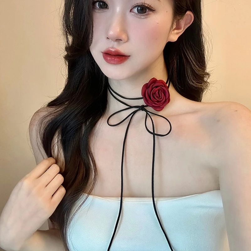 红色枯叶玫瑰花朵项链女轻奢感choker锁骨链山茶花颈链小香风