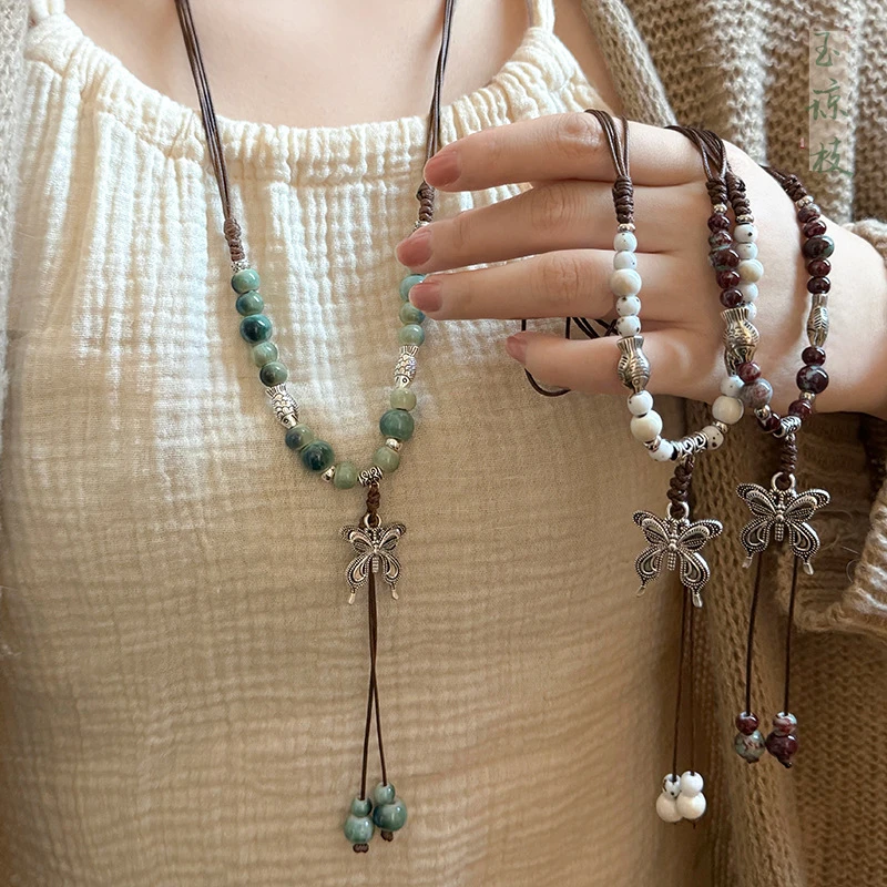 2024年新款复古民族风陶瓷串珠蝴蝶项链女轻奢小众锁骨链流苏配饰