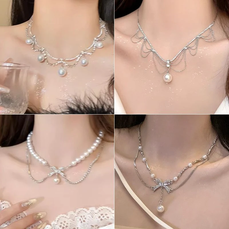 铜合金亚克力吊坠 超闪项链设计感礼服公主法式轻奢双层流苏项链