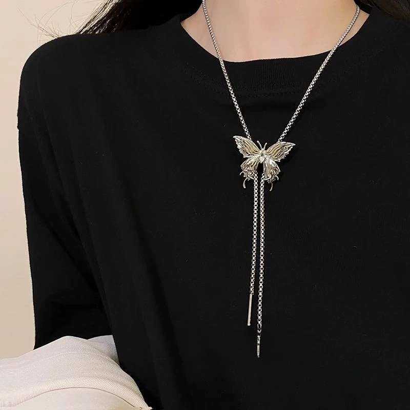 抽拉蝴蝶流苏项链冷淡风小众高级感独特时尚气质毛衣链个性锁骨链